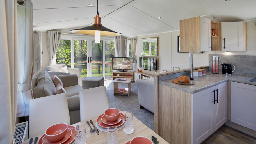 open plan dining room and kitchen with TV dining table chairs and sofa