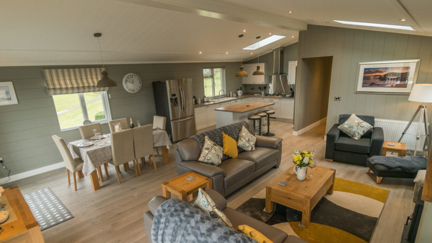 open plan dining room and kitchen with TV dining table chairs and sofa